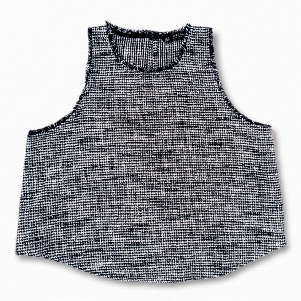 Zara White Blue Tweed Sleeveless Crop Tank Top